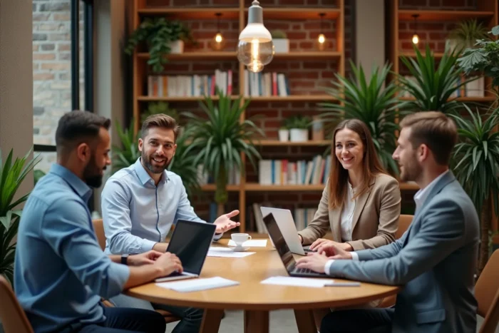 Groupe de professionnels diversifiés en réunion collaborative autour d'une table dans un espace de coworking contemporain avec ordinateurs portables et documents