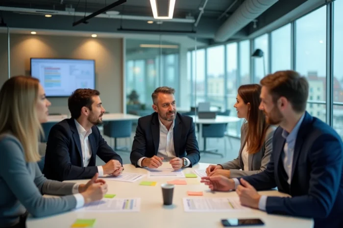 Réunion professionnelle dynamique dans une salle de conférence moderne, représentant les services d'accompagnement entrepreneurial proposés à Rennes
