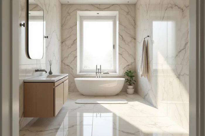 Salle de bain élégante en marbre galala avec baignoire îlot blanche dans une maison rénovée près de Vannes