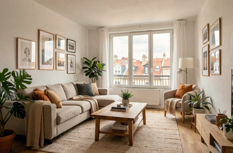 Salon meublé moderne dans un appartement en location à Lyon avec vue sur les toits de la ville