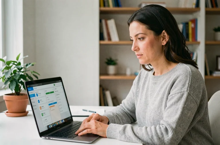 Femme travaillant sur un gestionnaire de mots de passe pour sécuriser ses données en ligne depuis son bureau à domicile