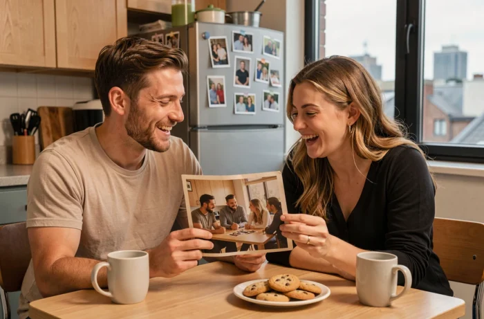 Deux collègues partagent un souvenir précis en regardant une vieille photo prise ensemble au bureau