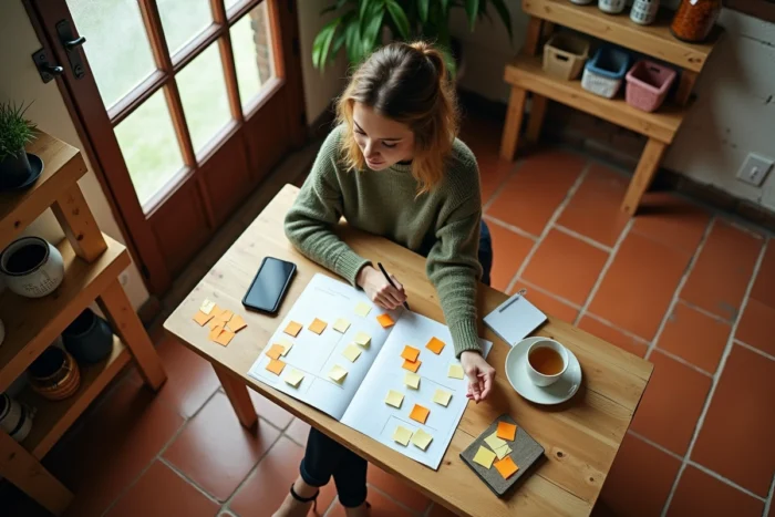 Femme planifiant une stratégie de contenu pour son blog avec des notes autocollantes et un agenda papier sur une table de cuisine rustique