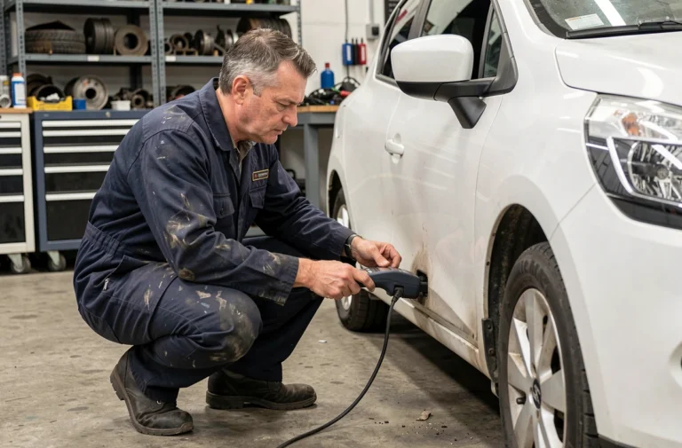 Technicien automobile connectant un scanner OBD2 sous le tableau de bord d'une Renault pour lire le code défaut DTC038061