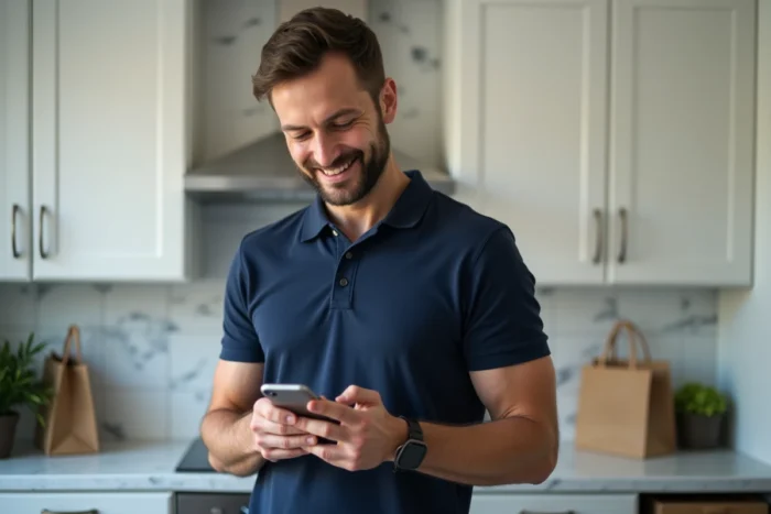 Homme téléchargeant une facture Carrefour depuis l'application mobile dans sa cuisine après les courses