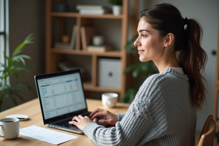 Femme consultant sa facture Carrefour en ligne sur un ordinateur portable depuis son bureau à domicile