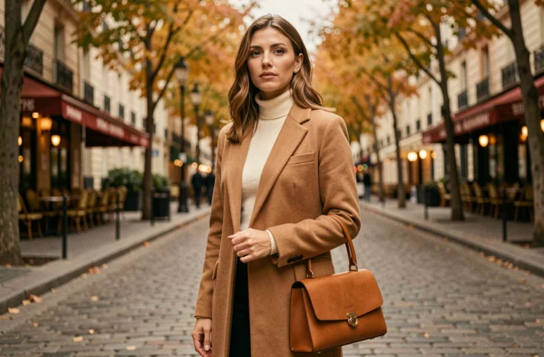 Femme élégante portant un manteau camel tendance dans une rue parisienne pavée en automne