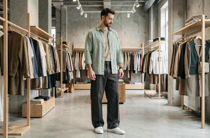 Homme stylé en tenue décontractée tendance explorant les nouveautés mode dans un concept store minimaliste