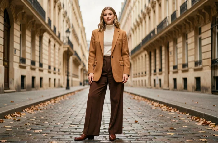 Femme élégante portant un blazer camel oversize et un pantalon large chocolat dans une rue pavée parisienne en automne, tendances mode saison