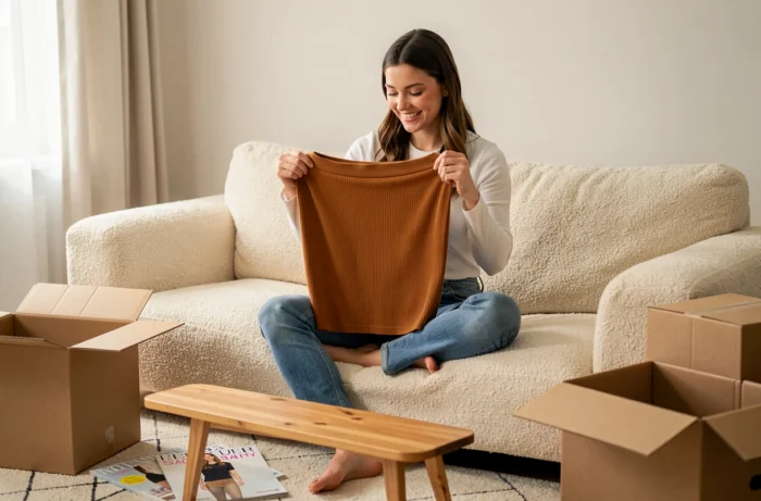 Jeune femme entourée de colis mode ouverts essayant une jupe midi caramel dans un salon cosy et bien décoré