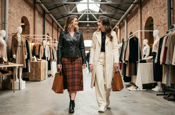 Deux femmes aux styles complémentaires marchant dans un marché de mode intérieur, tendances saisonnières jupe plaid et look monochrome crème