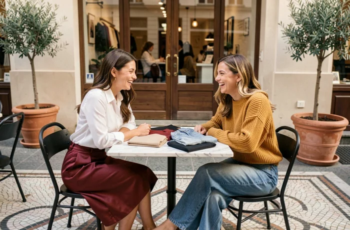 Deux femmes tendance assises en terrasse de café parisien portant des tenues mode automnales contrastées