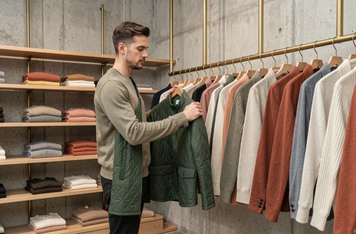 Homme inspectant une veste matelassée verte dans un concept store tendance aux murs en béton brut