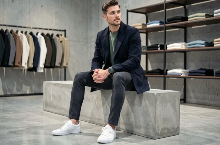 Homme stylé en manteau marine et pull vert sauge assis dans un concept store moderne, look mode tendance automne-hiver