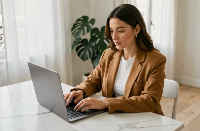Femme élégante en blazer camel consultant les tendances mode sur un ordinateur portable dans un appartement parisien moderne
