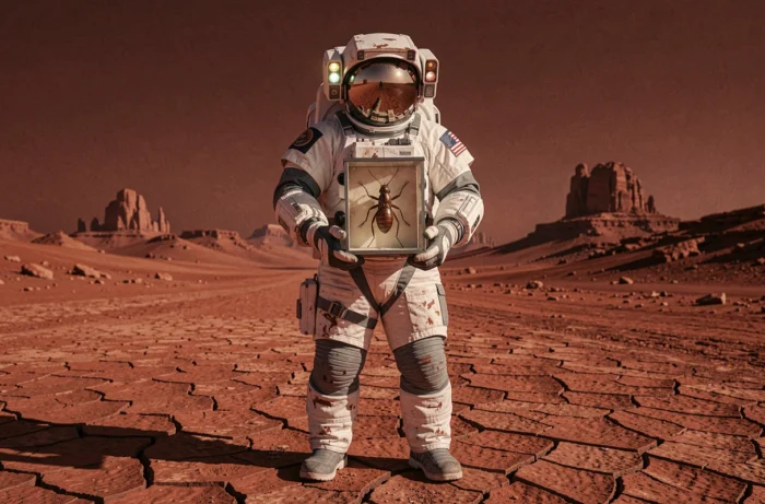Astronaute en combinaison spatiale usée tenant une boîte à spécimen en verre dans un paysage martien rouge et désertique sous un ciel sombre, évoquant l'univers de Terra Formars