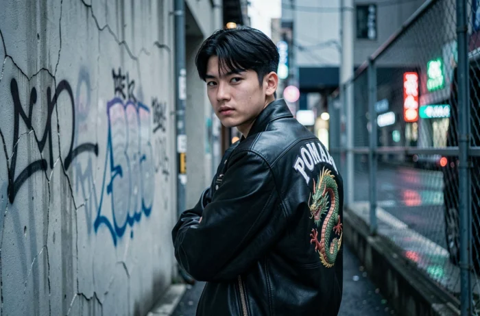 Jeune homme en blouson noir Toman avec un dragon brodé dans une ruelle urbaine de Tokyo aux murs de béton fissurés et au sol mouillé, évoquant l'univers de Tokyo Revengers