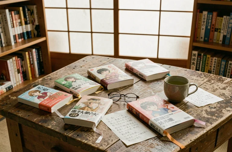Plat posé de mangas japonais sur un bureau en bois avec une tasse de thé vert et des notes manuscrites, ambiance de lecture cosy dans un bureau japonais