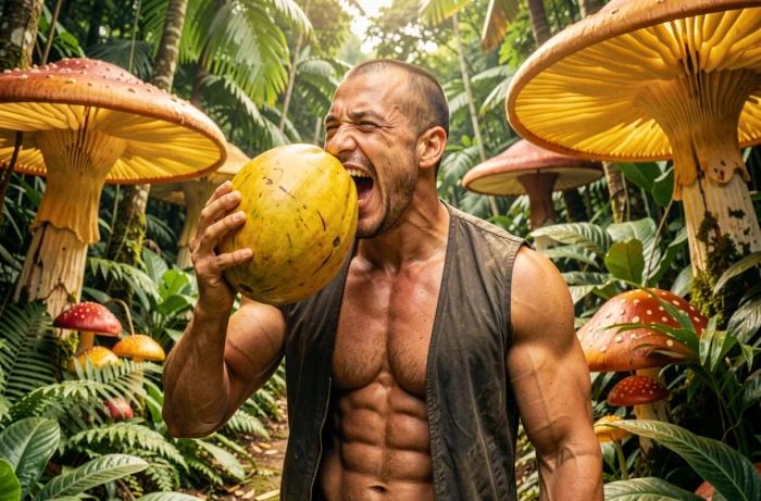 Homme musclé au crâne rasé mordant joyeusement dans un fruit géant exotique au milieu d'une jungle tropicale luxuriante aux plantes fantastiques surdimensionnées, évoquant l'univers de Toriko