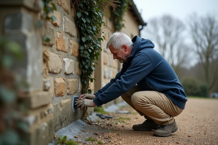 Artisan appliquant un isolant thermique sur un mur extérieur en pierre d'une maison de campagne en hiver