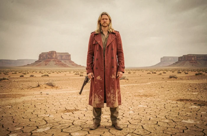 Grand homme en manteau rouge élimé tenant un revolver antique dans un désert aride sous un ciel voilé, évoquant l'univers post-apocalyptique de Trigun