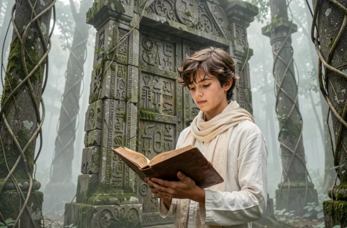 Adolescent en tunique blanche tenant un livre ancien devant une immense porte de pierre couverte de glyphes dans des ruines forestières brumeuses, évoquant l'univers de Tsubasa Reservoir Chronicle