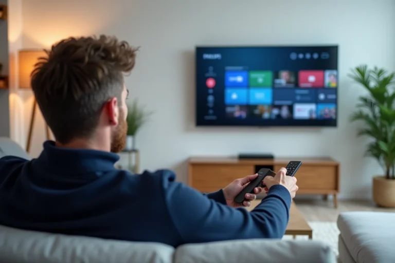 Homme utilisant une télécommande Philips pour naviguer sur une interface IPTV dans un salon moderne minimaliste