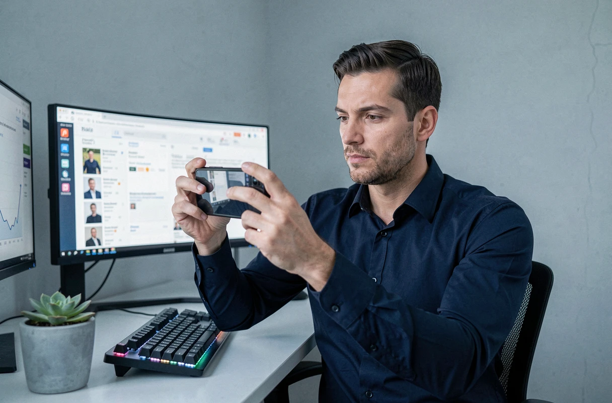 Homme vérifiant ses demandes d'abonnement Instagram sur son téléphone dans un bureau moderne