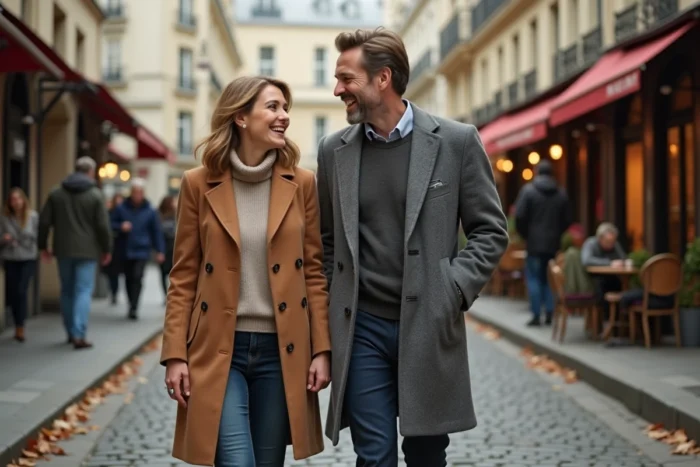 Couple élégant se promenant dans une rue parisienne pavée en automne, évoquant la vie privée et conjugale d'une personnalité médiatique