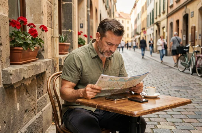 Homme consultant une carte papier et son smartphone dans un café de rue européen pavé