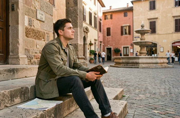 Jovem viajante consultando um jornal de viagem e um mapa nos degraus de uma praça europeia pitoresca