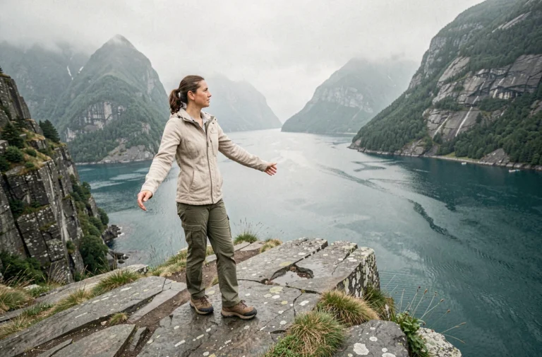 Voyageuse contemplant un fjord turquoise depuis le bord d'une falaise côtière sauvage lors d'une exploration nature