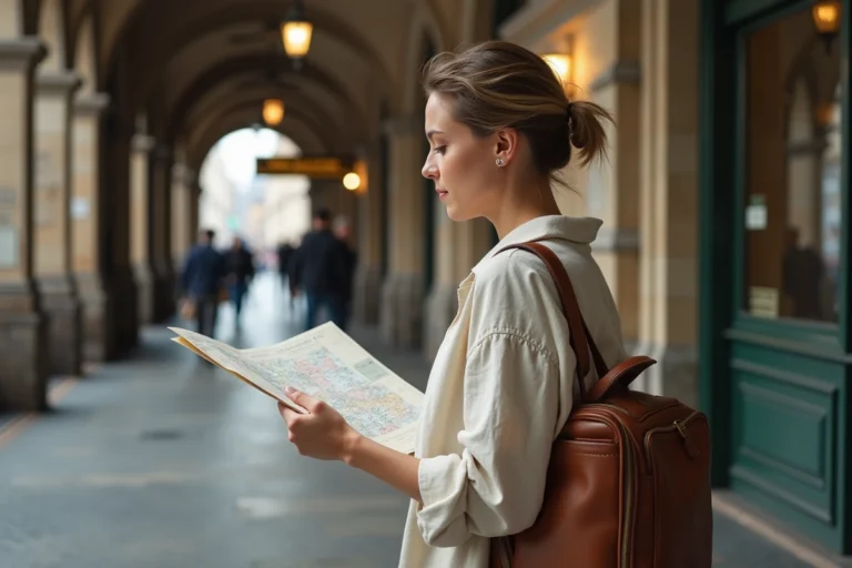 Voyageuse consultant une carte papier devant une gare européenne en pierre, ambiance authentique de voyage organisé