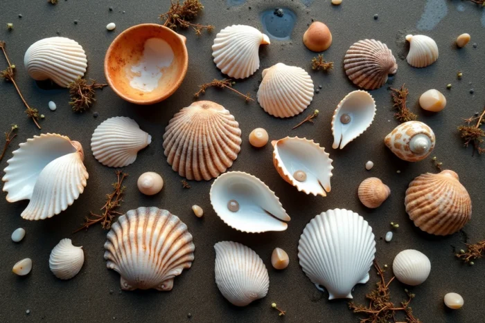Vue aérienne de coquillages variés collectés sur le sable mouillé d'une plage des Landes, tellines coques et moules naturellement disposés